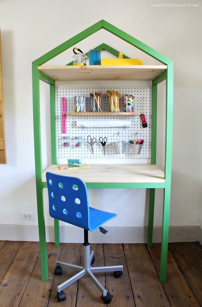 house shaped desk with pegboard