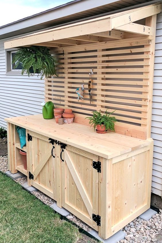 potting bench with garbage can and roof covered potting bench 