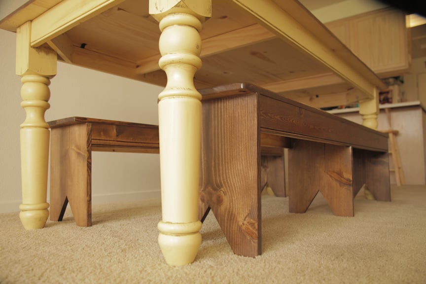 under table with farmhouse bench
