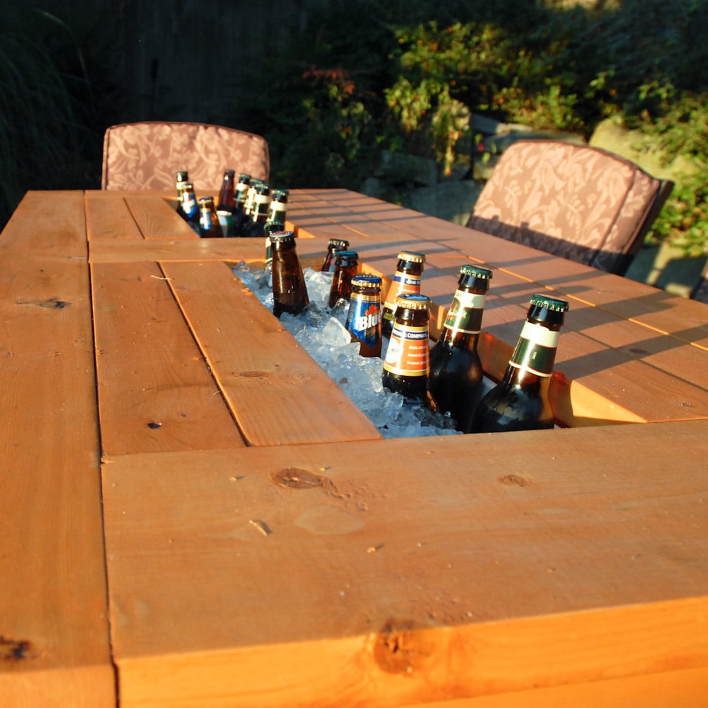 Patio Table with Built-in Beer/Wine Coolers with liids