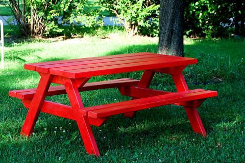 picnic table painted red