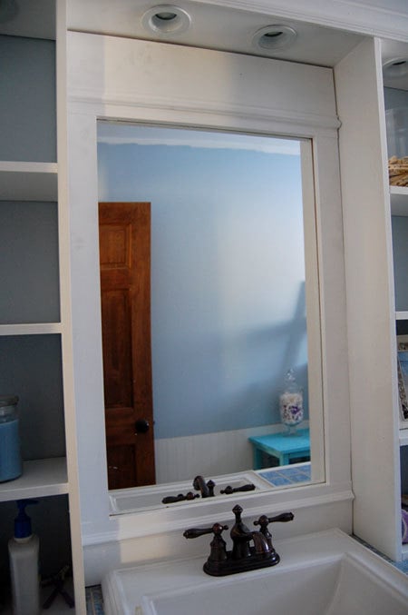 custom vanity mirror with storage shelves