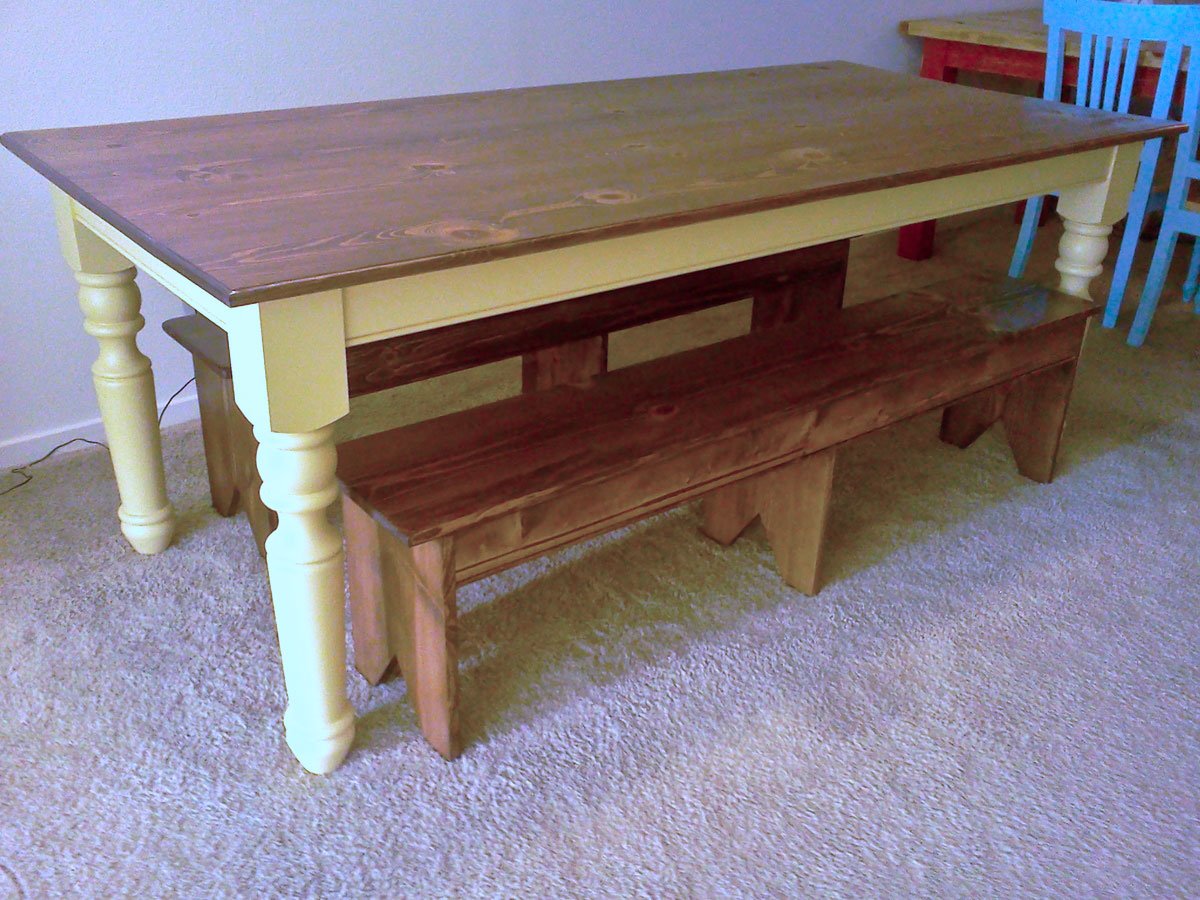 Turned leg farmhouse table with bench