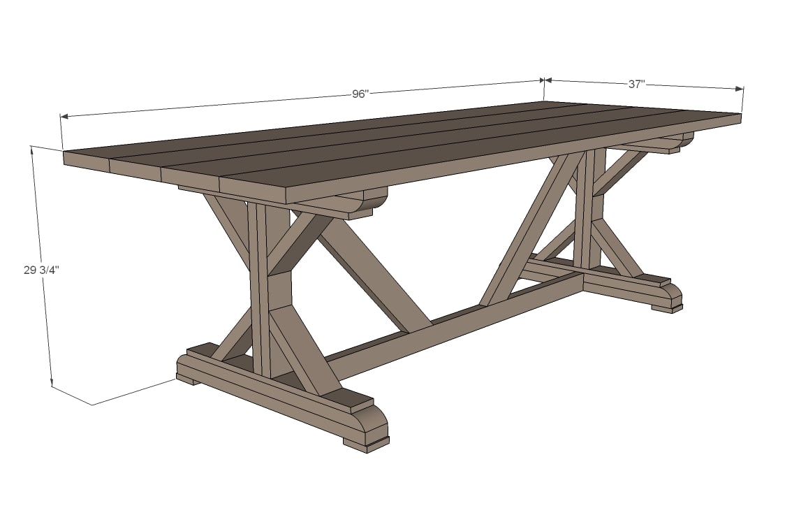 dimensions diagram of farmhouse table with X bracing