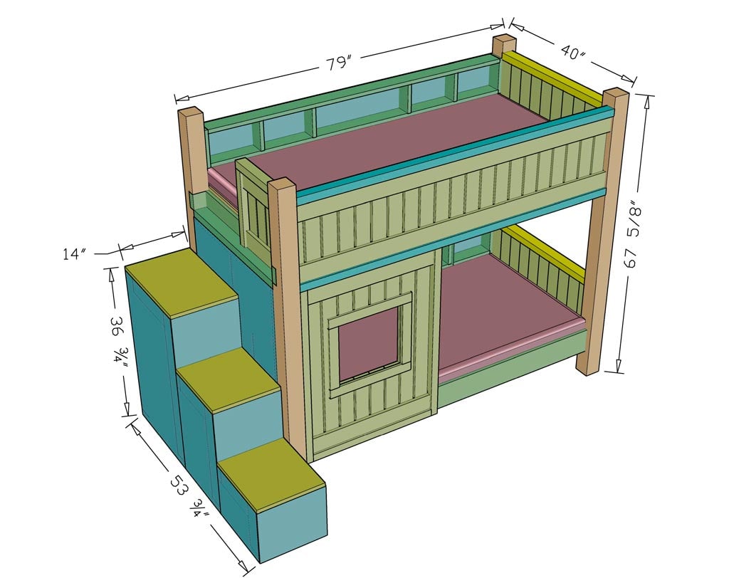 Diagram showing dimensions of the bunk bed