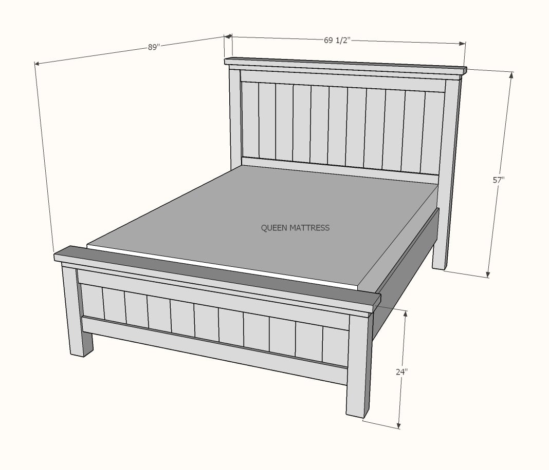 diagram of queen farmhouse bed showing dimensions