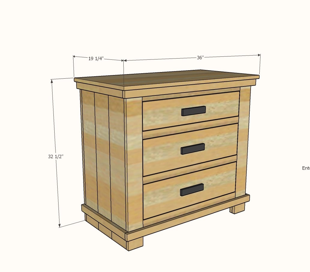diagram image showing dimensions of bathroom vanity with three drawers and planked wood design
