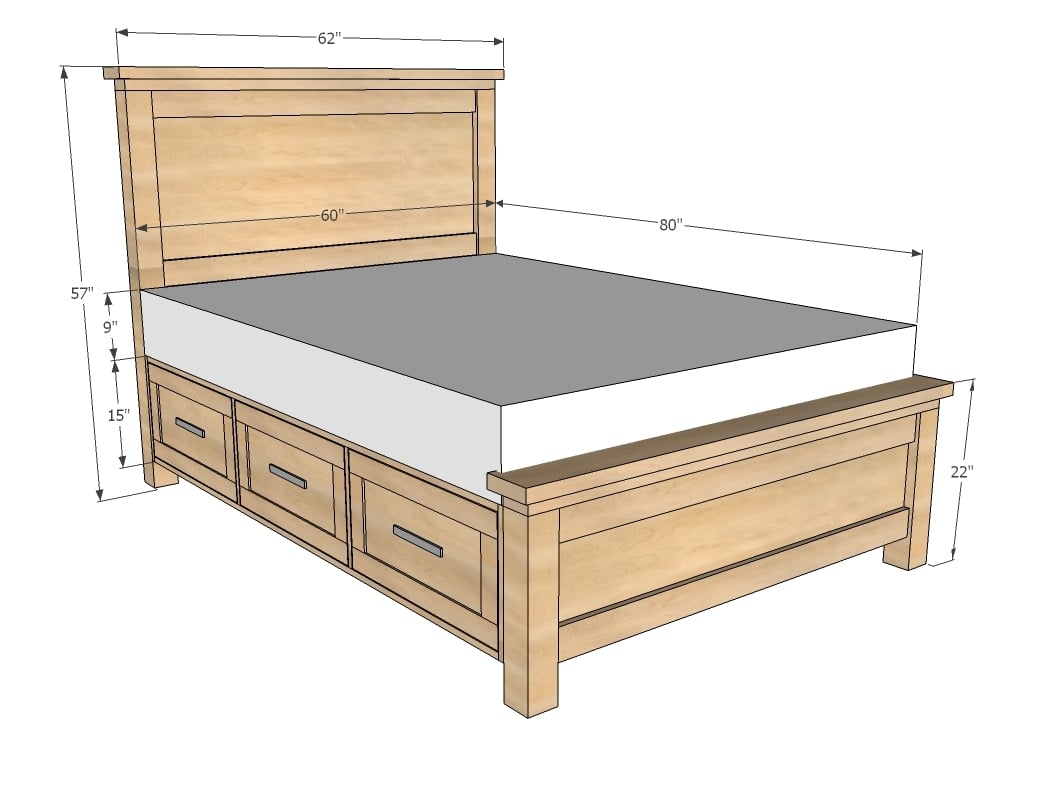 dimensions diagram of farmhouse bed with storage drawers in queen size