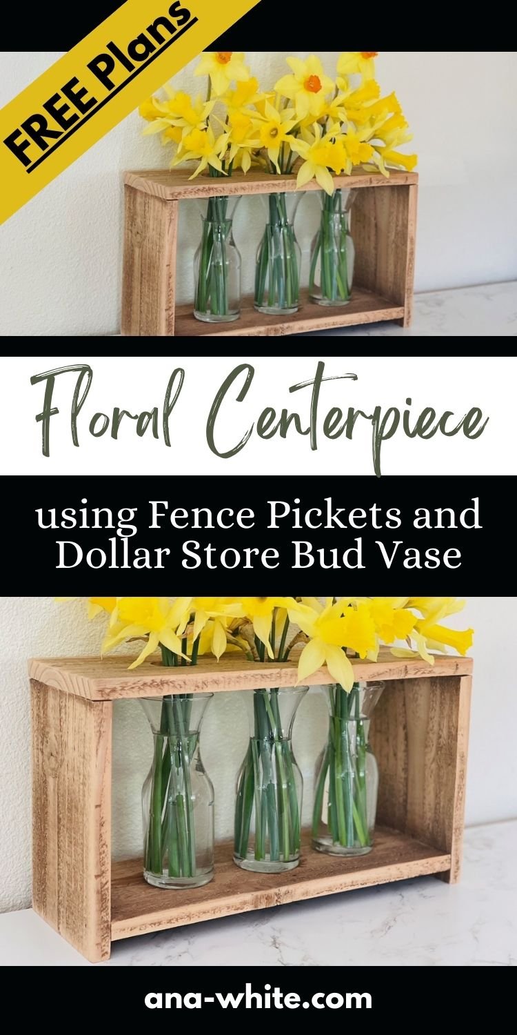 Floral Centerpiece using Fence Pickets and Dollar Store Bud Vases