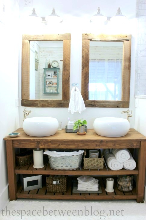 open shelf extra wide bathroom vanity stained wood with round white above mount sinks