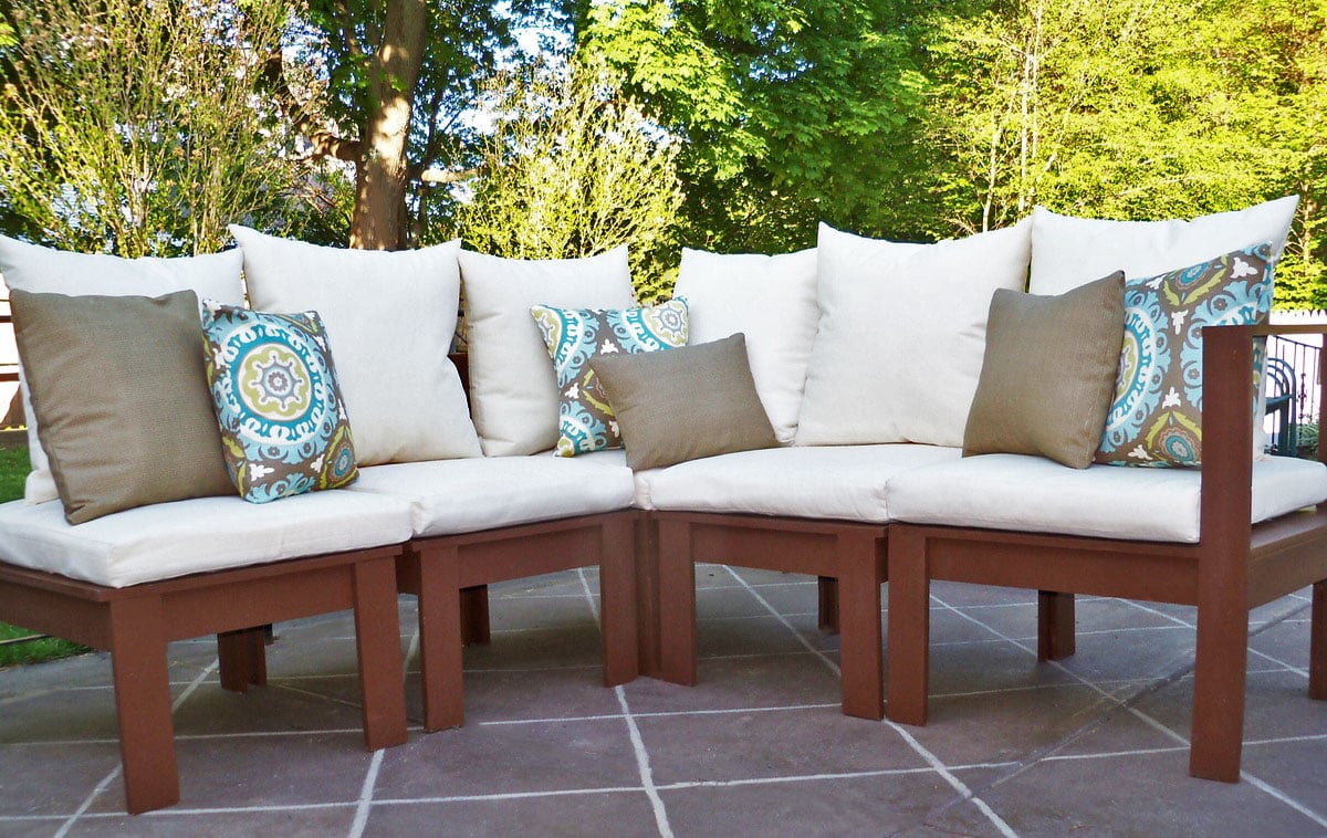 white cushions on a brown outdoor sectional farmhouse style feel