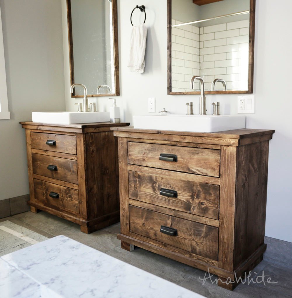 two bathroom vanities rustic dark wood stained with three drawers each