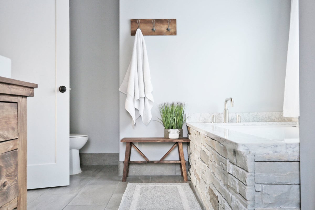 rustic modern master bath diy towels bench 1