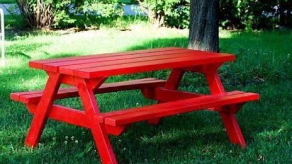 picnic table painted red