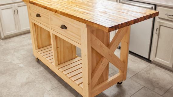 rustic x kitchen island with butcher block top