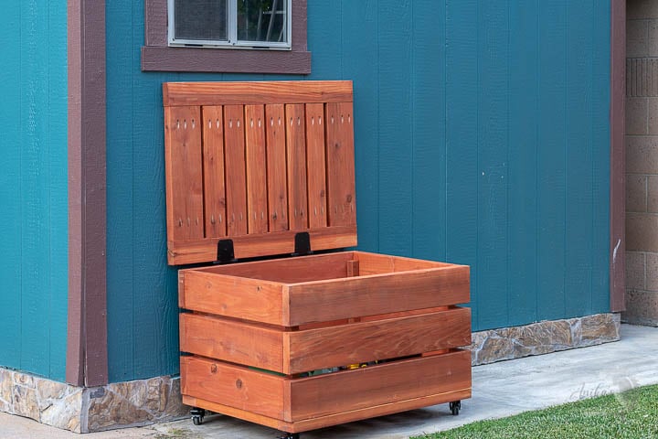 outdoor storage built with 2x lumber on casters