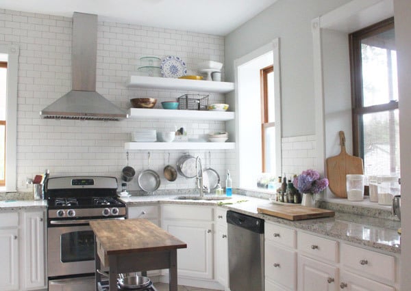 White kitchen with discount floating shelves