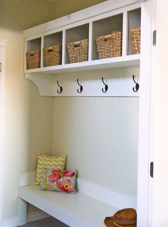 entryway shelf with hooks and baskets