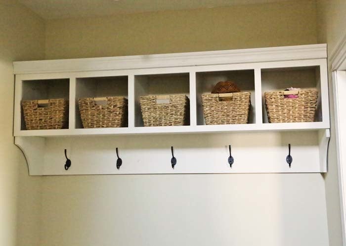 Cubby coat rack with oversized farmhouse hooks