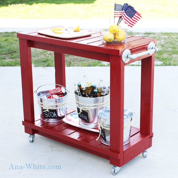 red bar cart with towel bar