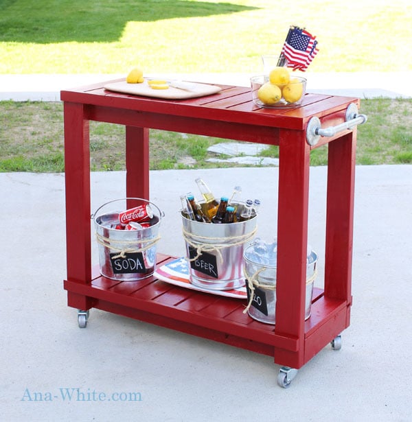 red bar cart with beverages