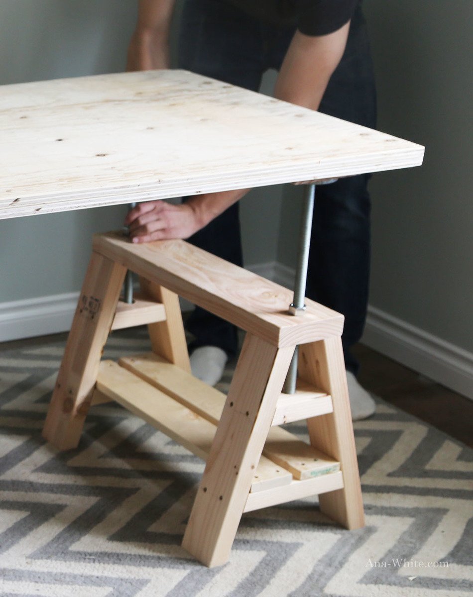 Modern Indsutrial Adjustable Sawhorse Desk To Coffee Table Ana White