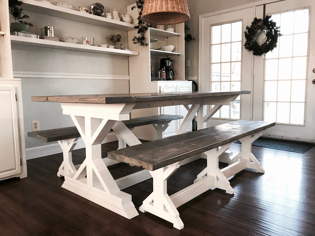 Two Tone Weathered Gray X Farmhouse Table and Benches | Ana White