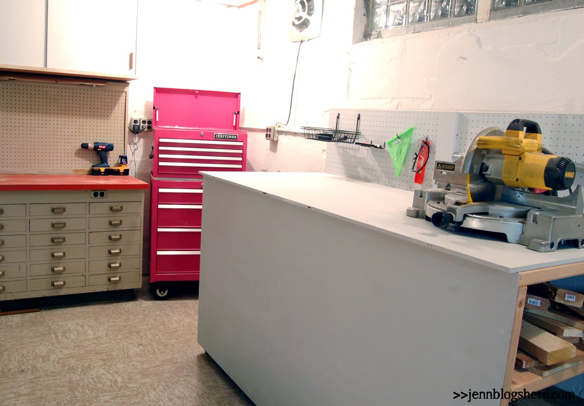 workbench with wood storage