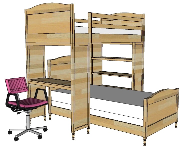 bunk bed with desk and bookshelf