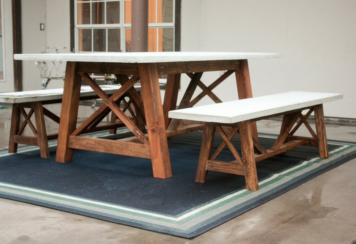 Concrete Cement Tan Colored Round Patio Picnic Table With Three