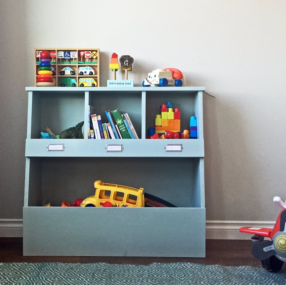 toy storage shelves with bins