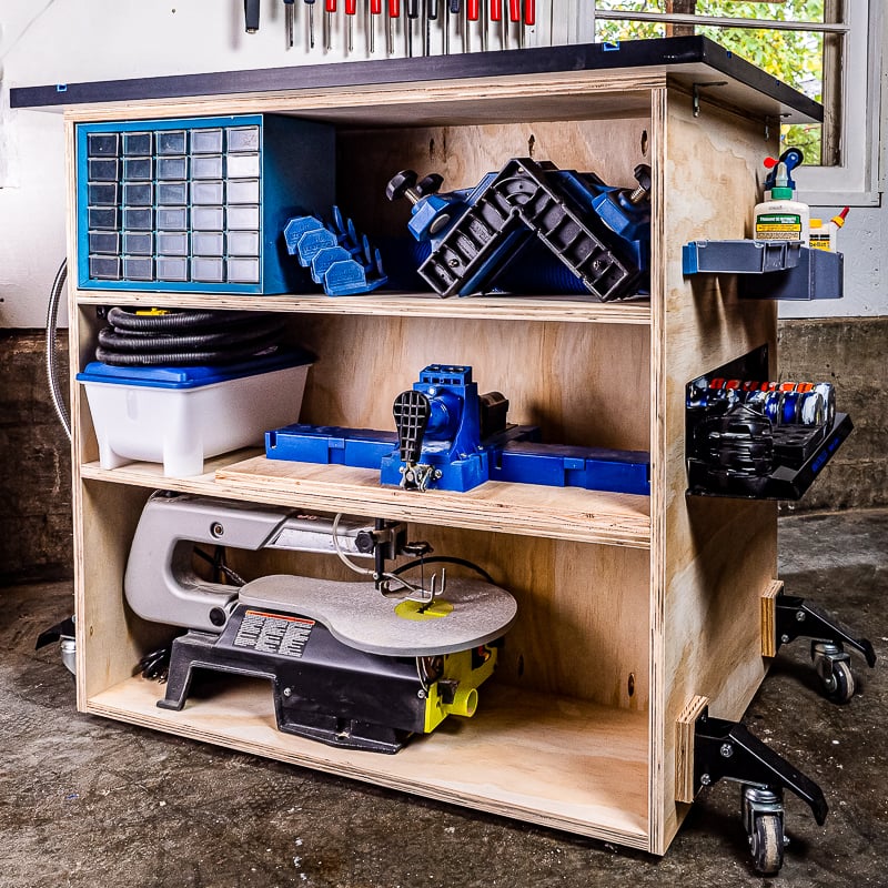 DIY workbench with shelves - back view