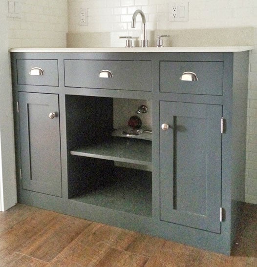 gray bathroom vanity with white top, modern farmhouse style bathroom