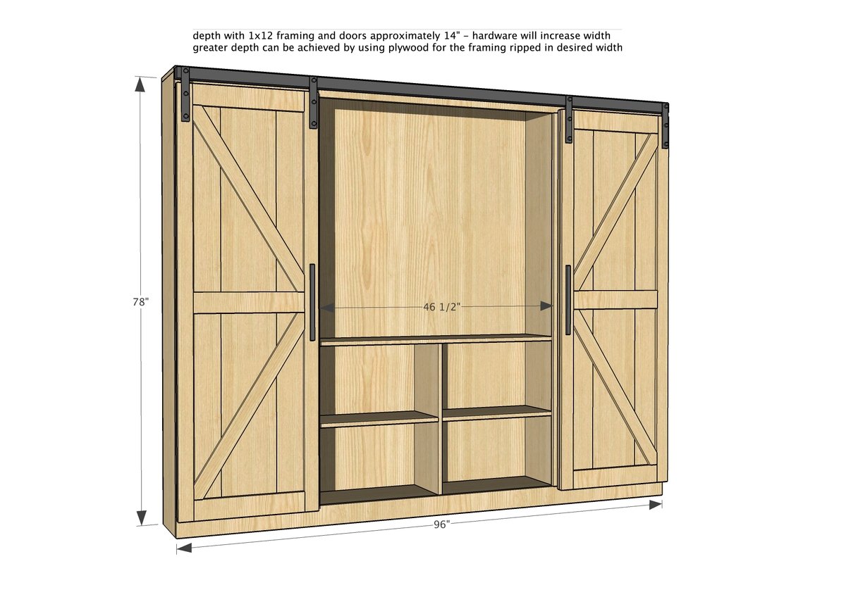 barn door entertainment center dimensions diagram