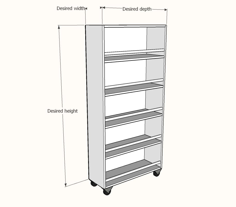 diagram showing dimensions of roll out pantry