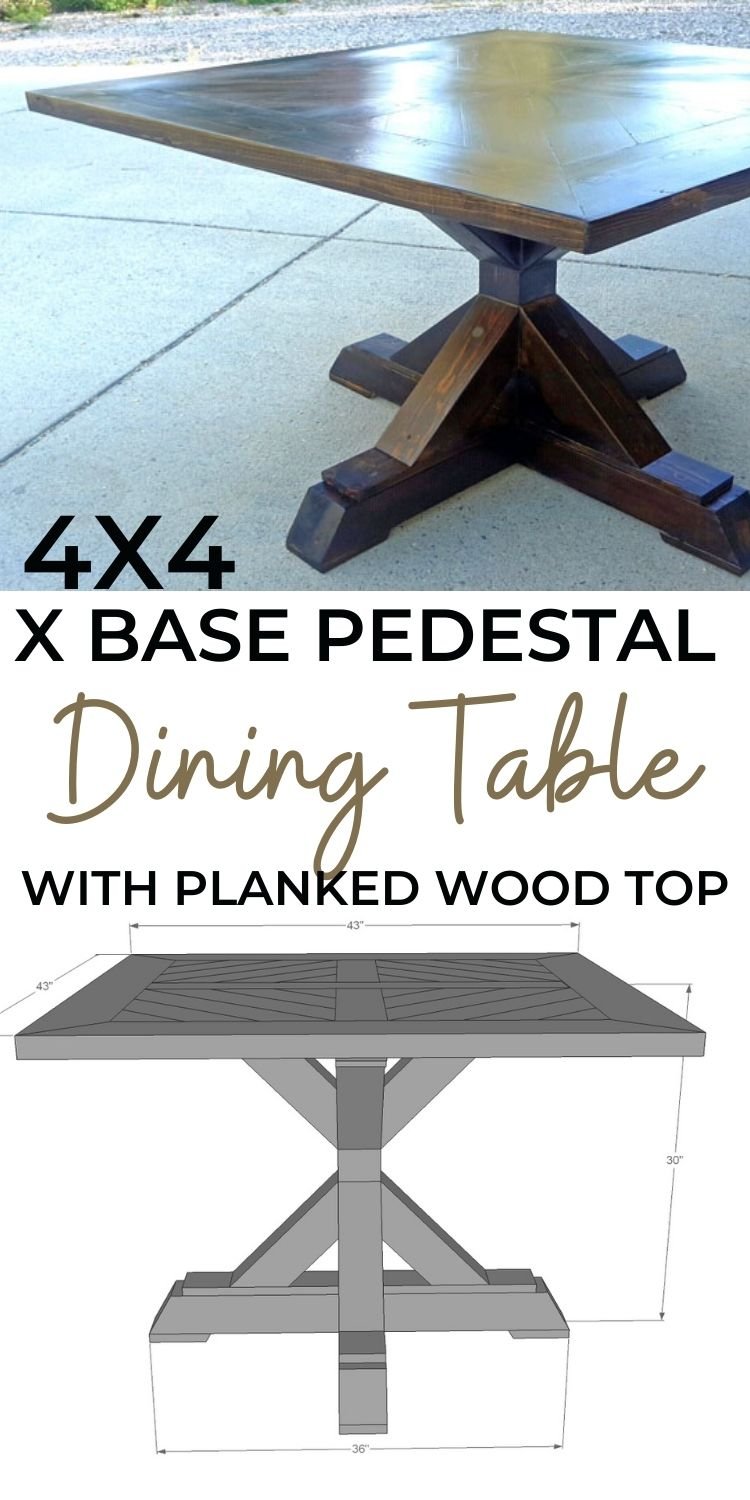 4x4 X Base Pedestal Dining Table with Planked Wood Top