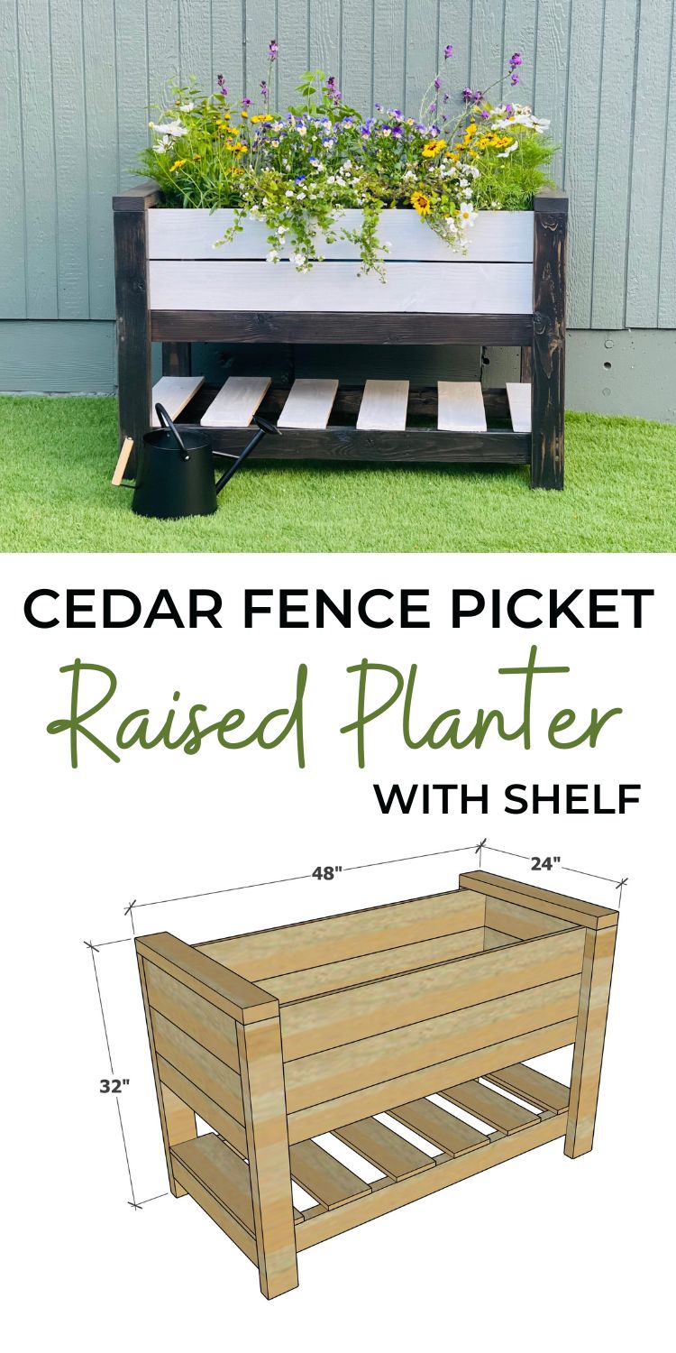Cedar Fence Picket Raised Planter with Shelf