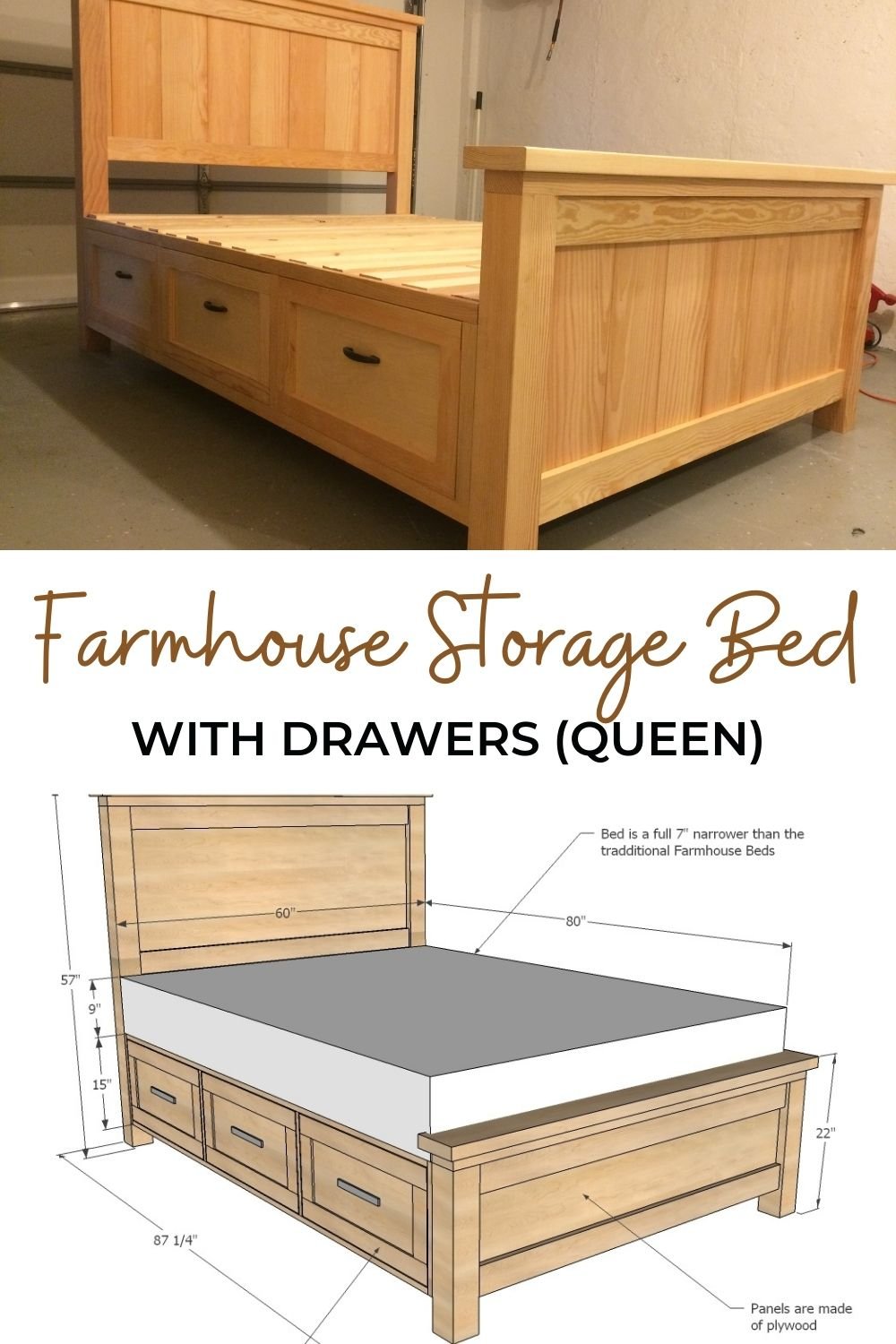 Farmhouse Storage Bed With Drawers, Diy King Size Bookcase Headboard Plans