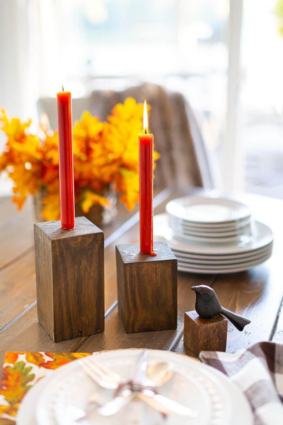 wooden block candle holder