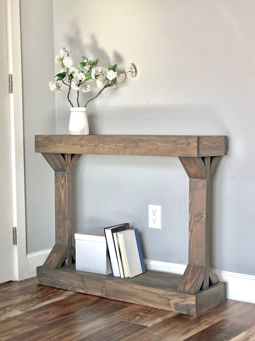 narrow console table stained wood rustic look