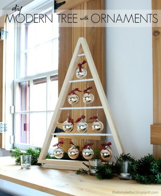 wood tree decor with ornaments