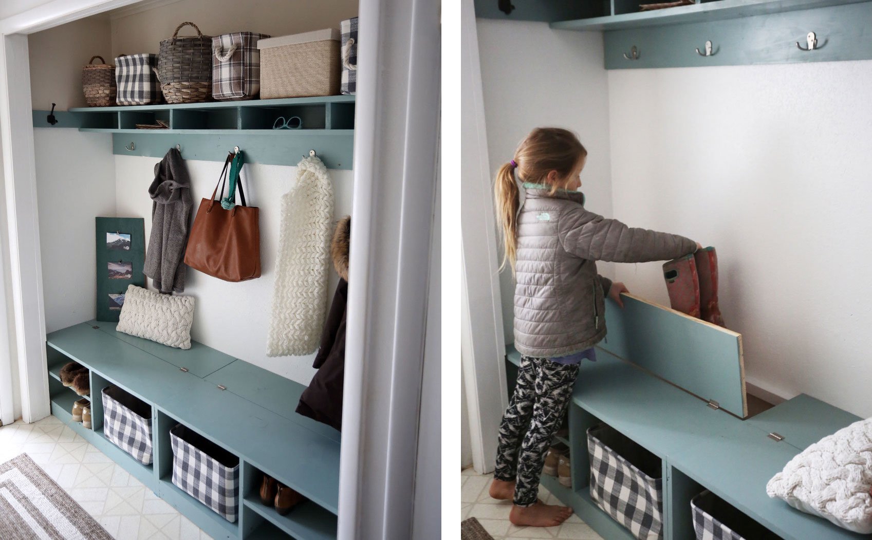 mudroom built in closet with hinge up boot storage compartment