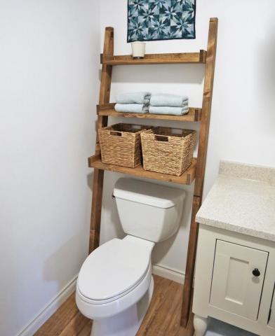 Leaning Bathroom Ladder, Ladder Storage Above Toilet