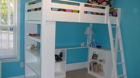 loft bed with storage in blue bedroom